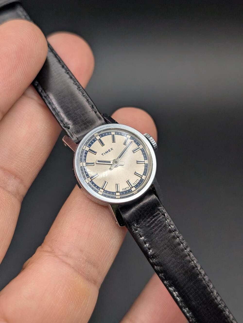 Vintage Timex Silver-Tone Mechanical Ladies Watch, Champagne Dial & Black Leathe